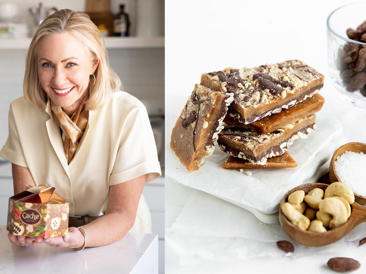 Lori Darr leans against a kitchen counter holding a box of Cache Toffee. There is a close up view of the toffee next to the portrait