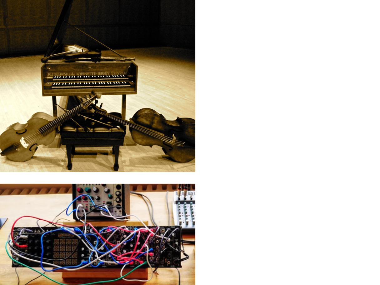 Two images stacked, on top an image of a piano with a cello leaning against the bench on stage on bottom an over head view of a sound board with red and blue wires 