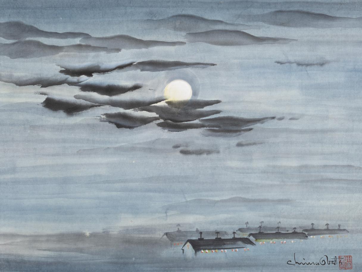 a watercolor of night at the Topaz Internment Camp