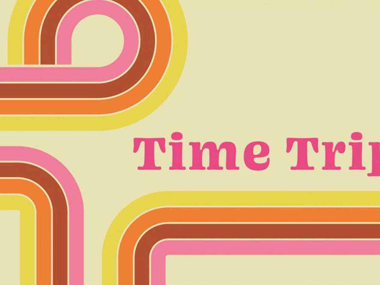 time trip logo with swirling striped line in pink, red, orange and yellow evoking a 1970s esthetic