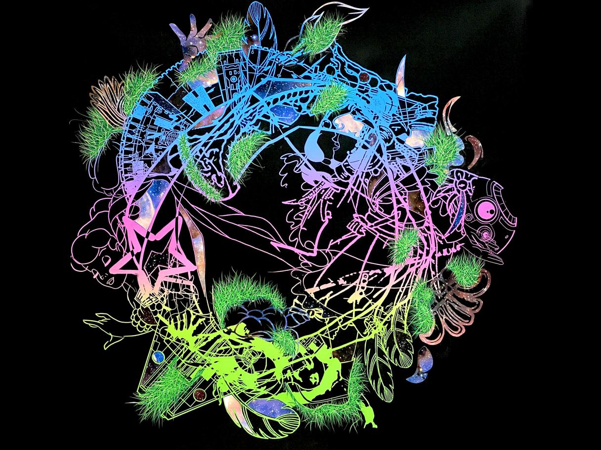 a swirling circle of symbols and lines in bright blues, pinks and greens on black background 