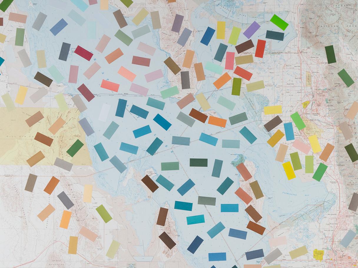 A map of Great Salt Lake covered in Pantone color swatches