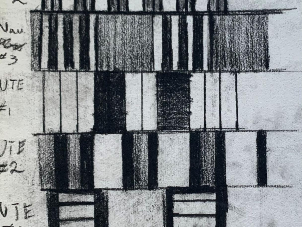 a black and white drawing of stacked rectangles and lines in a loose grid