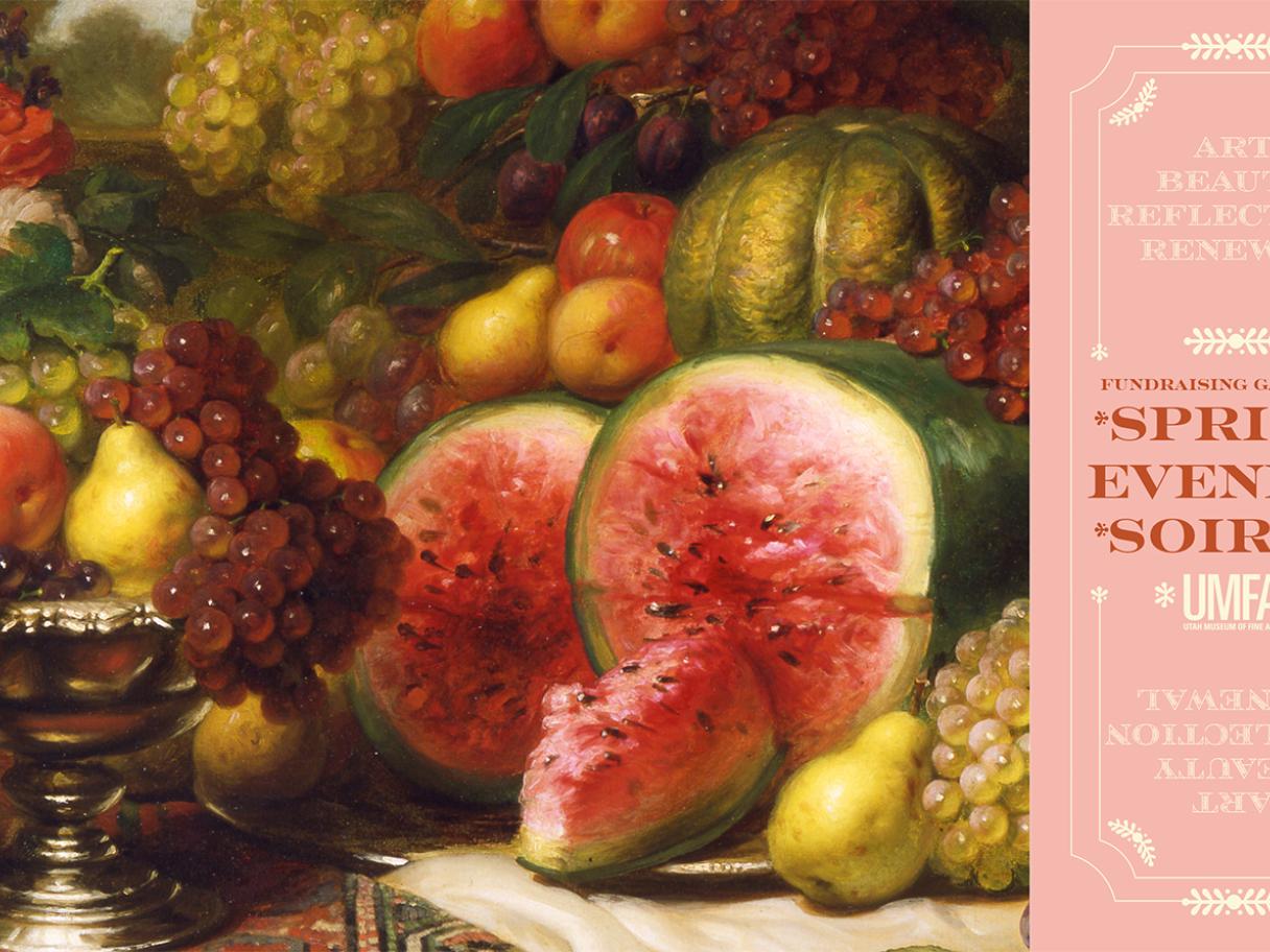 a painting of a table overflowing with ripe fruit. A watermelon cut in half sits at the center. Text in a pink side bar ont eh right says Spring Soiree May 15 6:30 pm