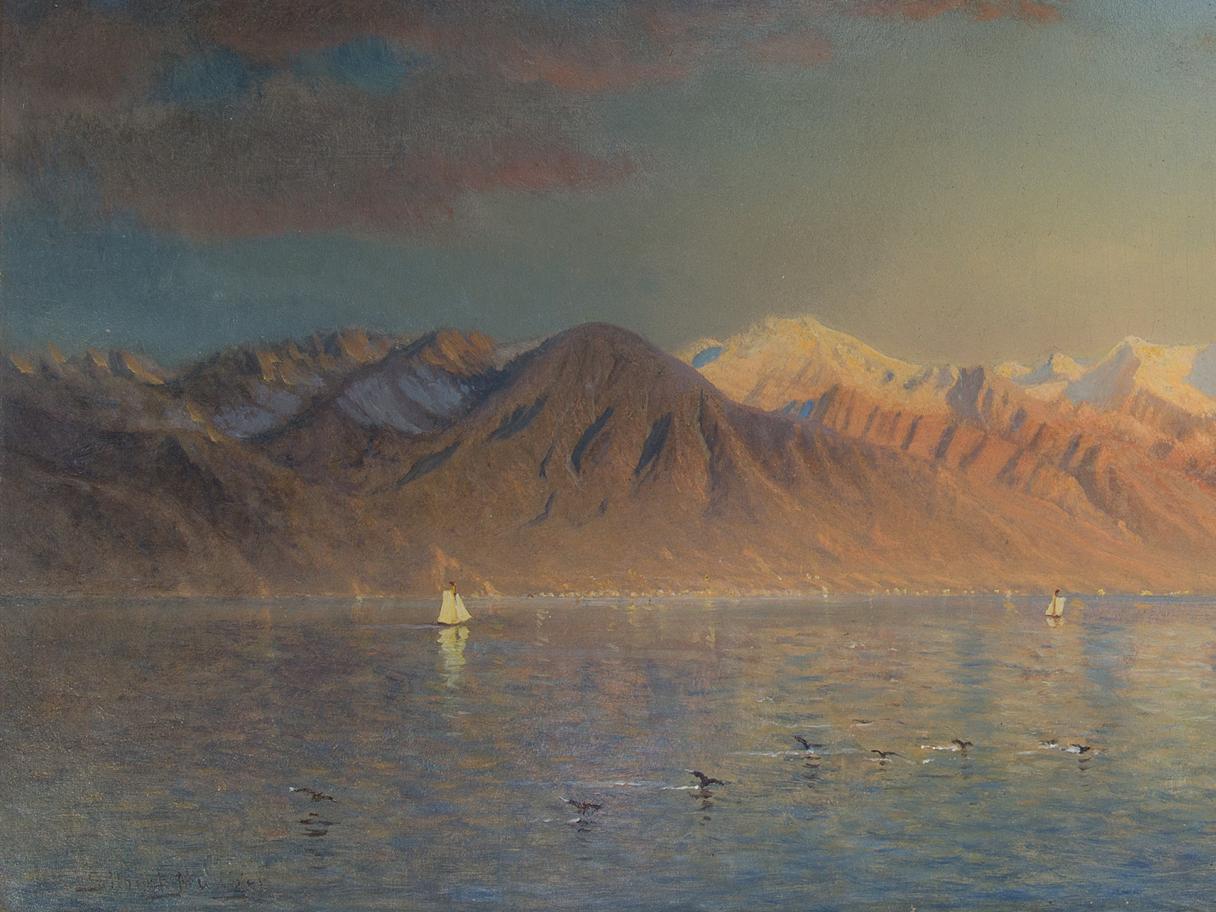 A painting of brown snow capped mountains with a blue lake and flying birds.