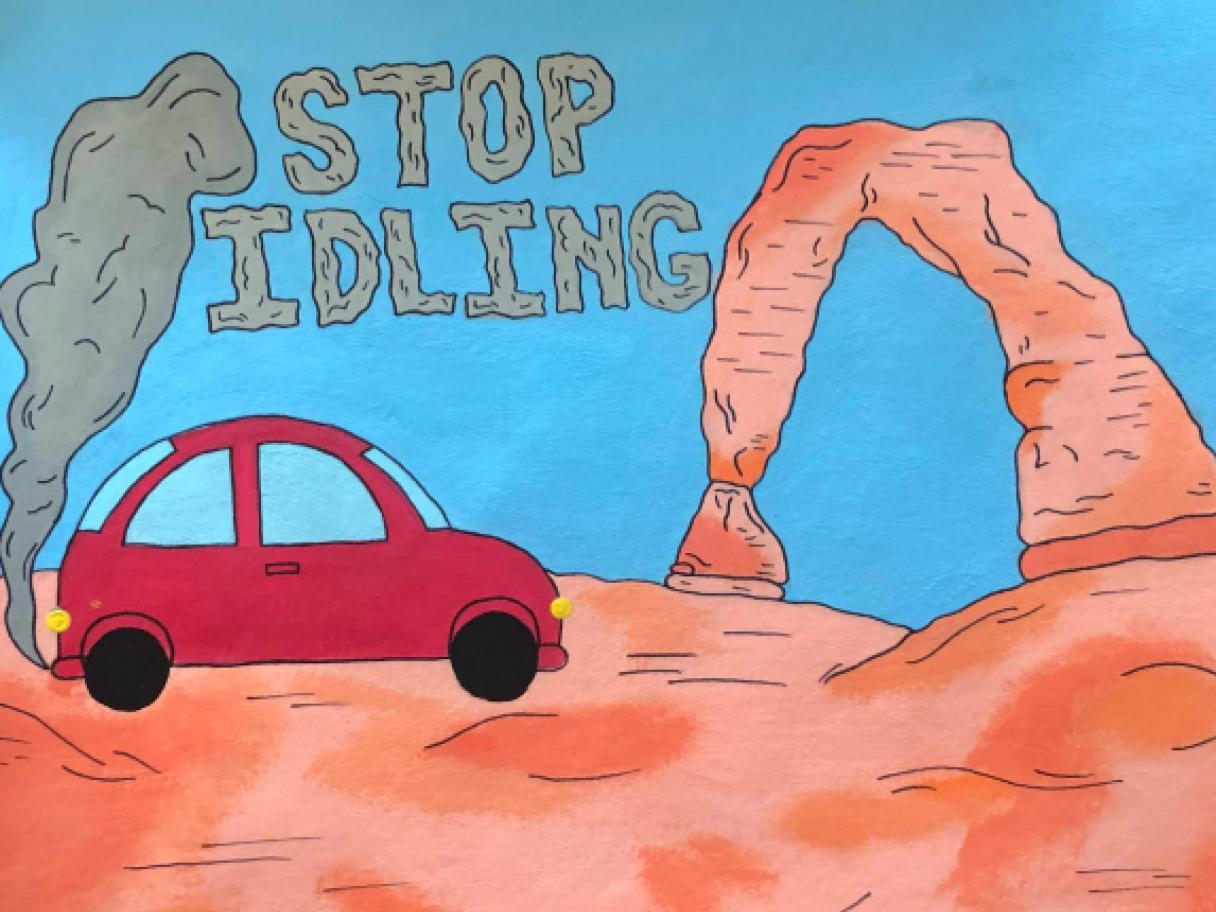 A drawing of a red car idling at Zion national arch, with words written in smog Stop Idling.