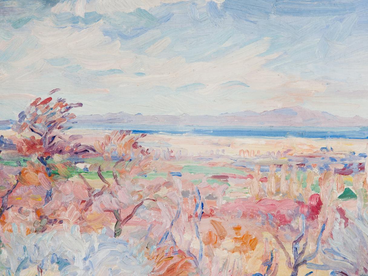 A pastel colored painting of Antelope Island