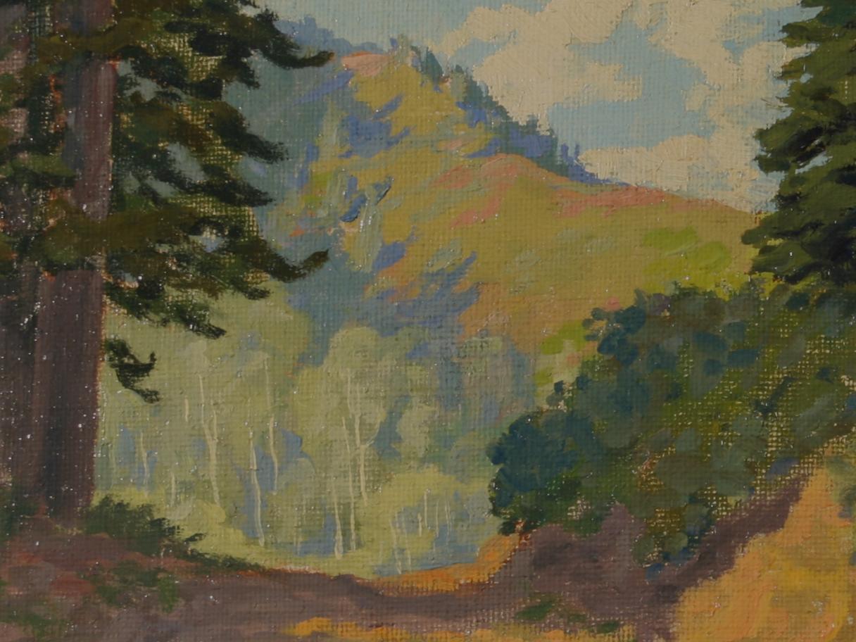 a painting of a canyon with green shrubbery and a large tree