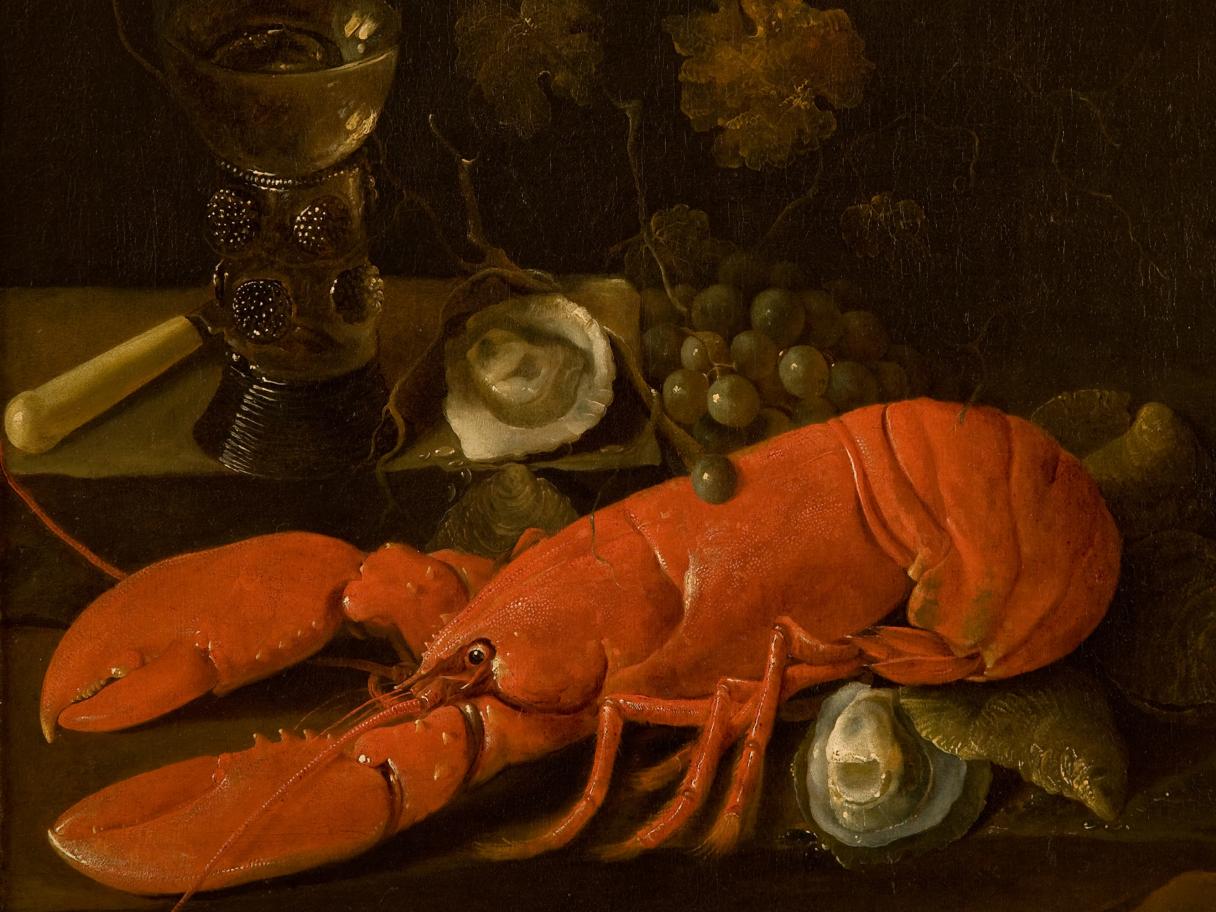 A large red lobster still life painting
