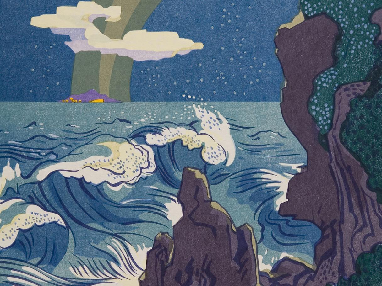 a print of purple craggy shorline with white-peaked waves cresting towards the rocks. The is a single cloud with a moon beam arching behind it in a blue star-speckeled sky