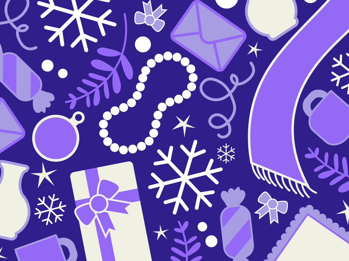 A purple graphic with scarves, gifts, jewelry 