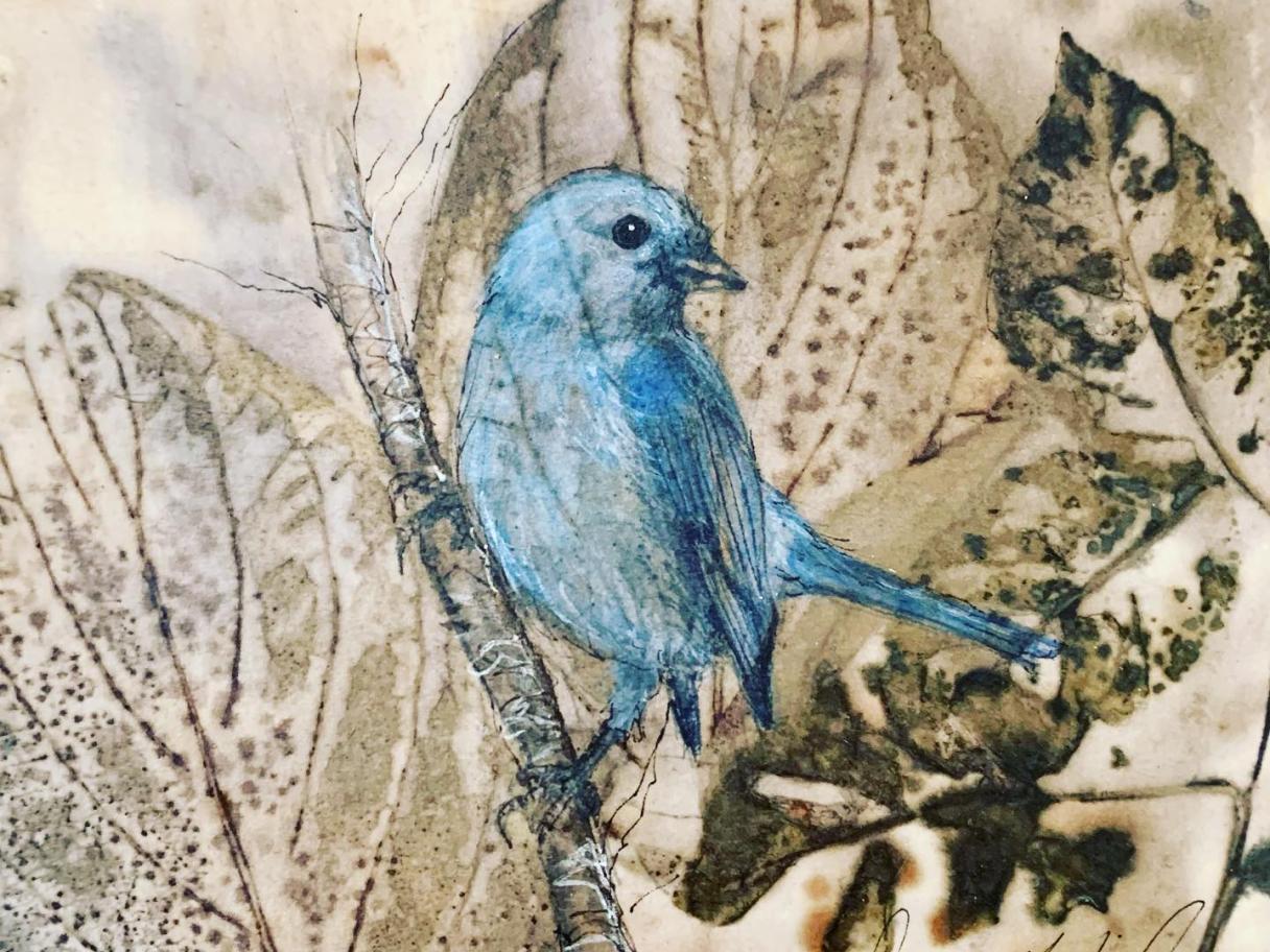 a painting of a blue bird on a background of leaf prints