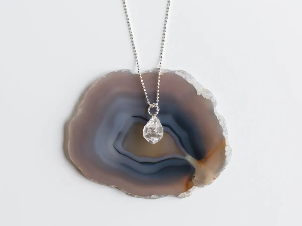 a teardrop shaped crystal necklace sitting on a slice of agate