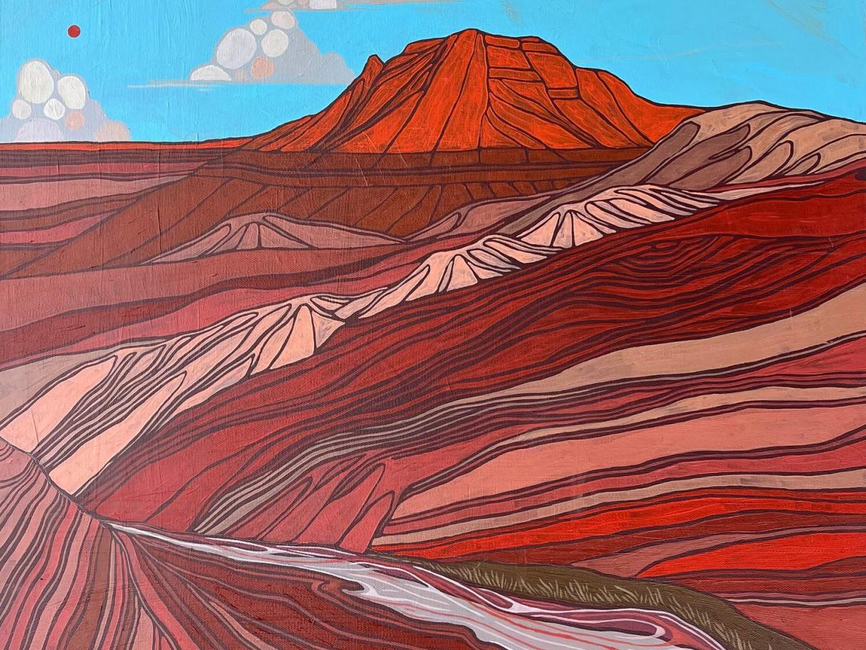 a painting for red rock desert with a blue sky