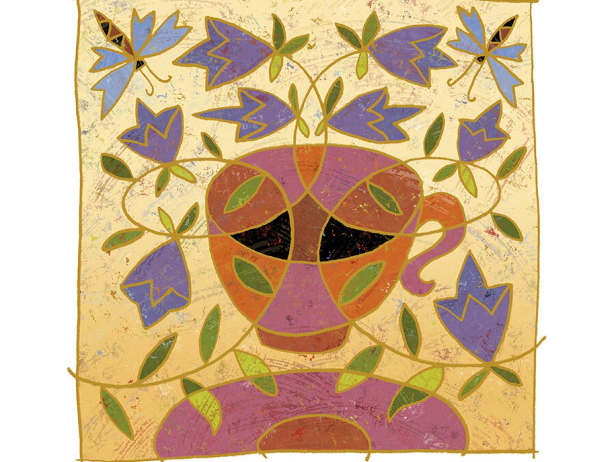an illustration of an orange tea cup surrounded by a vine with purple flowers 