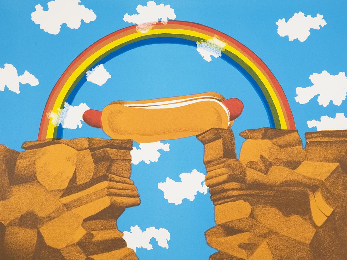 an illustration id a giant hot dog acting as a bridge between two red rock cliffs. There is a rainbow arching over the hot dog in a blue sky with scattered fluffy white clouds.