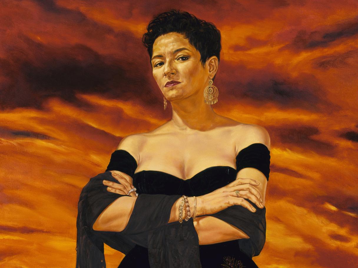 an oil painting of a woman with short hair wearing a fancy off the shoulder balck dress her arms are folded across her chest and is looking slightly down towards the viewer with a stern gaze there is a red cloudy sky behind her