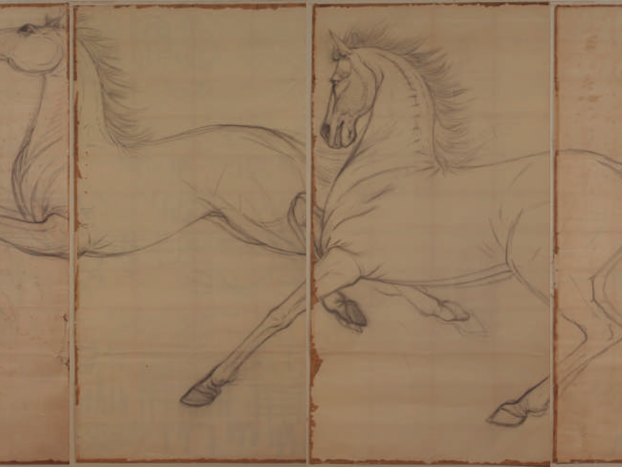 Large line drawing of two horses running 