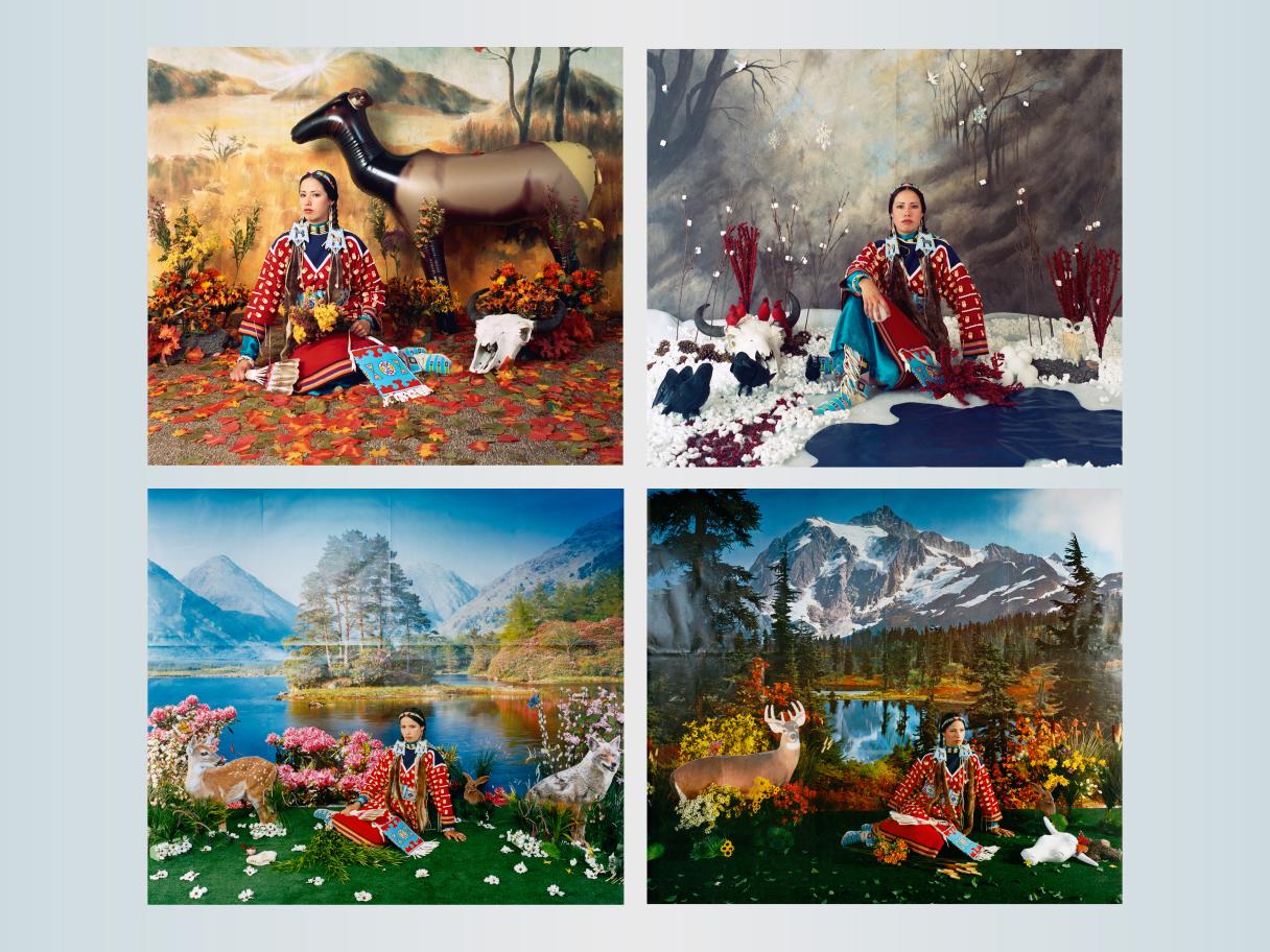 Four multimedia images of an Indigenous woman in traditional dress on four different landscapes of four different seasons.