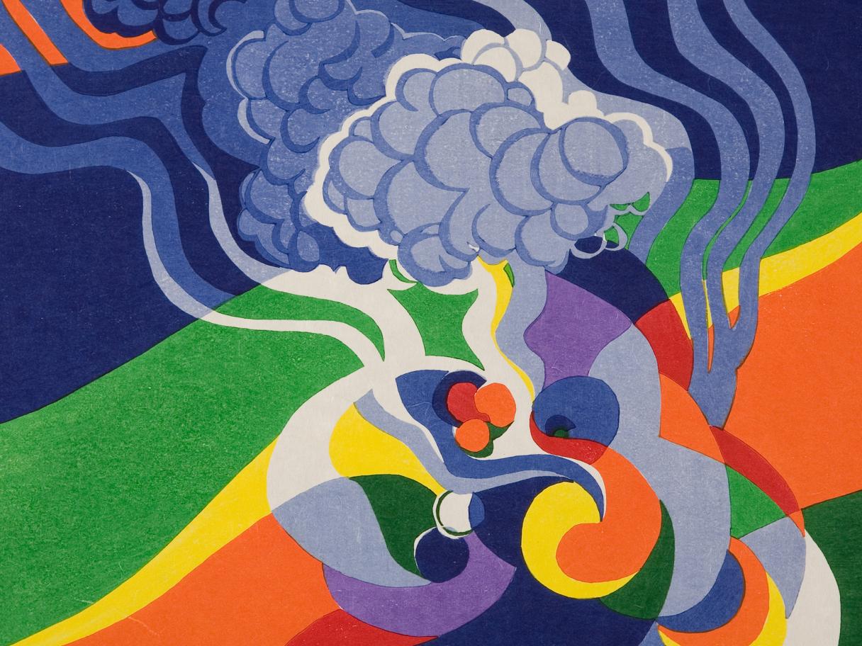 a colorful abstract print of curved blocks of bright colors swirling toward the center of the composition with a cloud-like blue and white puff floating up from the center 