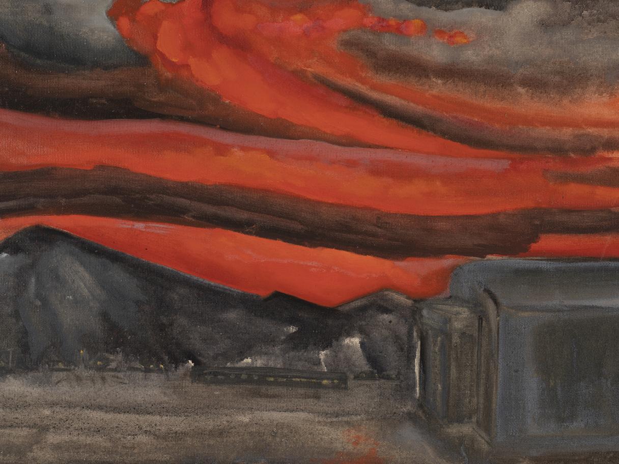 a painting of an interment camp wtih rows of wood shacks leading into a gray desert there is a red, stormy sky above