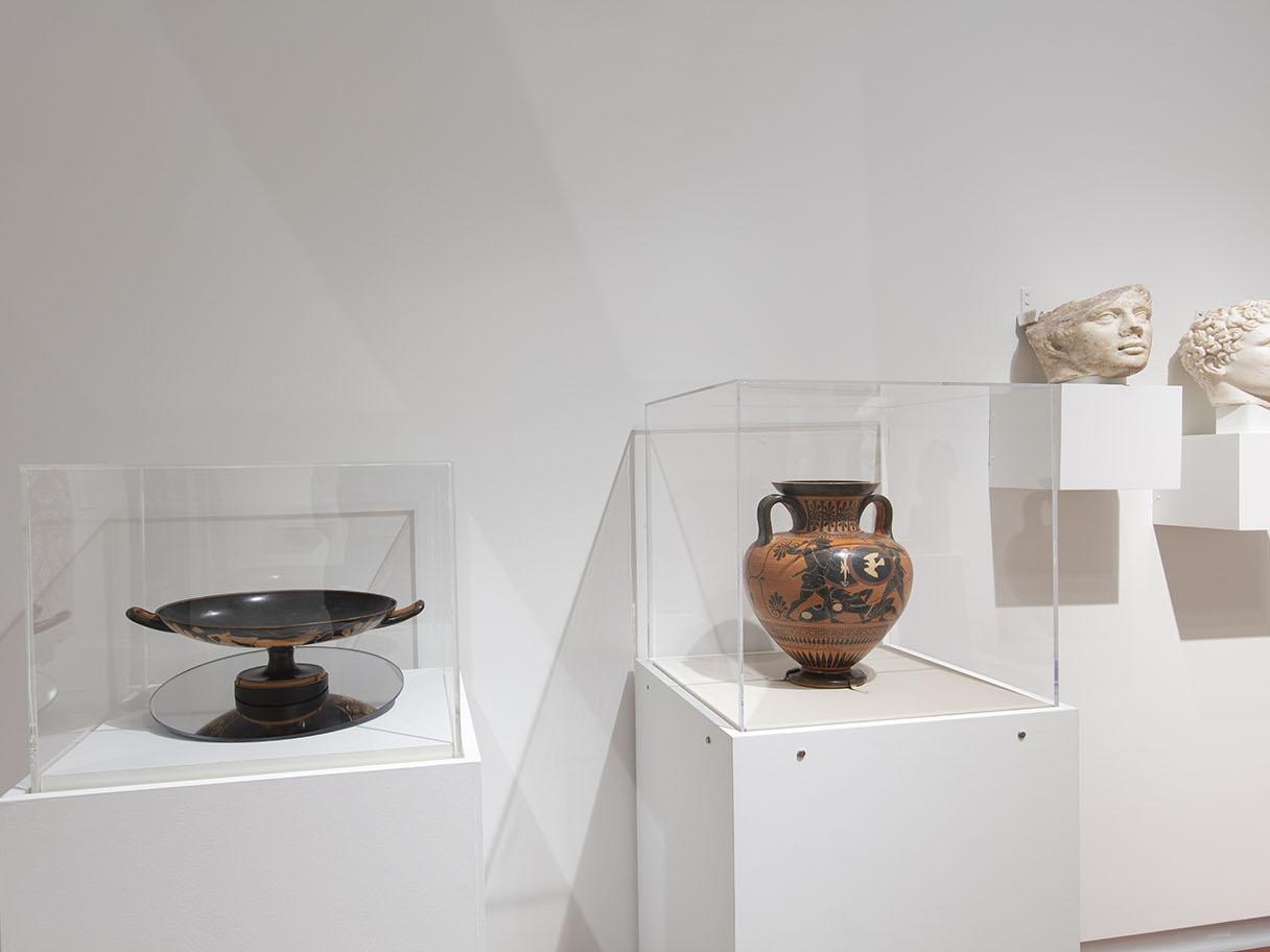 Two pieces of pottery sit in glass cases. There's two white head statues on a shelf on a white wall.