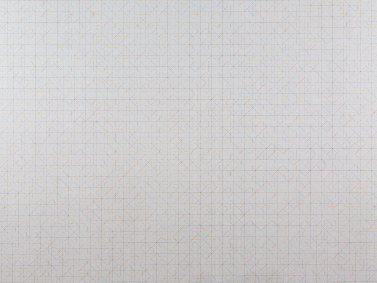 A photo of a white background with light blue and red lines drawn all over it in uniform patterns.