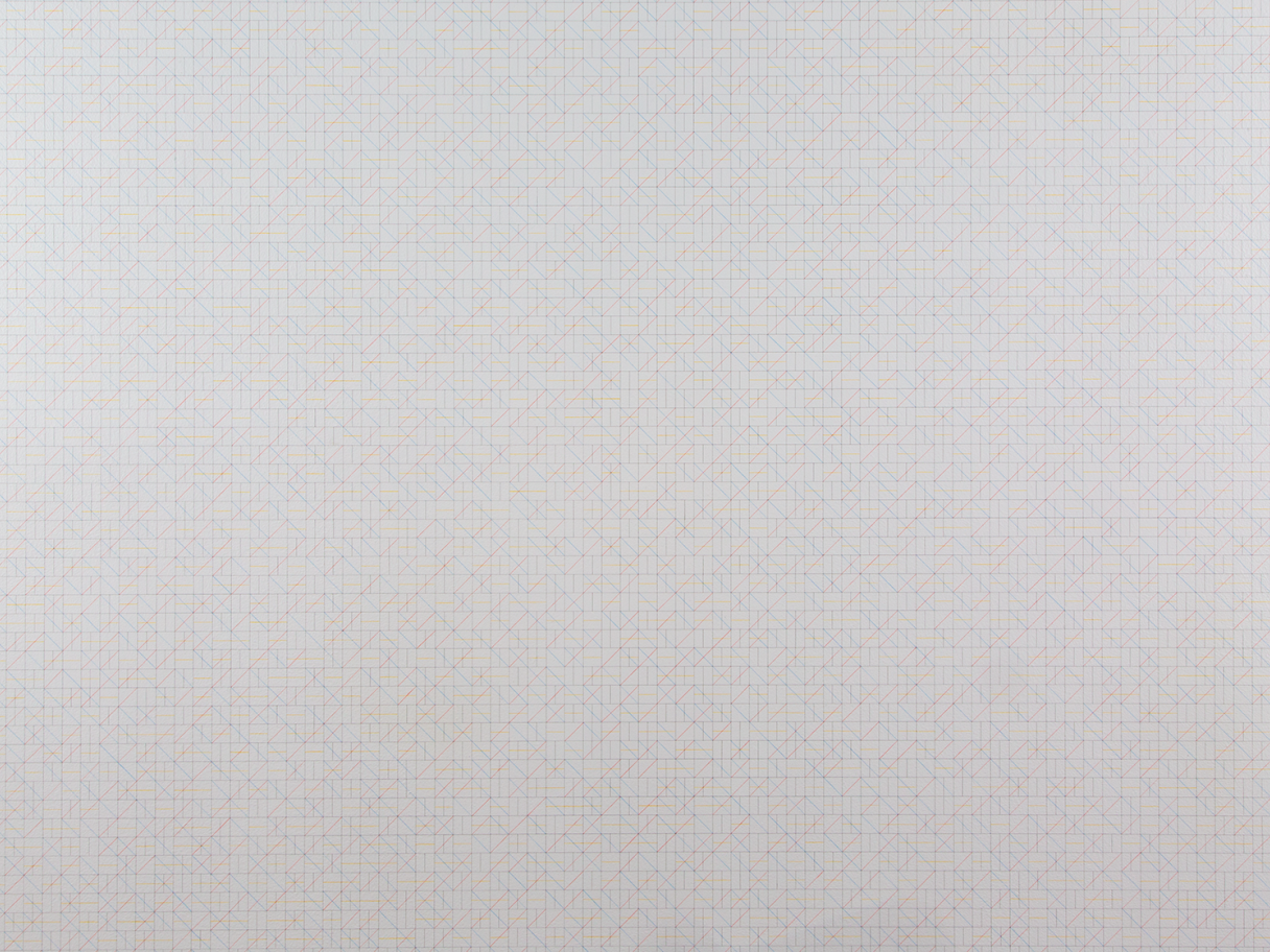 Sol LeWitt A photo of a white background with light blue and red lines drawn all over it in uniform patterns.