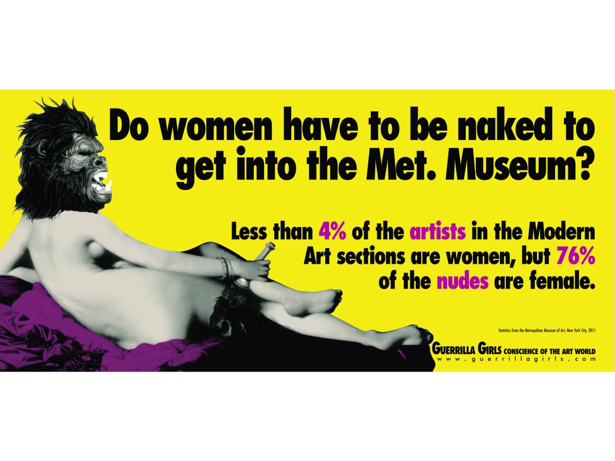 A collage type image of a naked woman's body lounging on a purple drape with an aggressive monkey head over a yellow background.