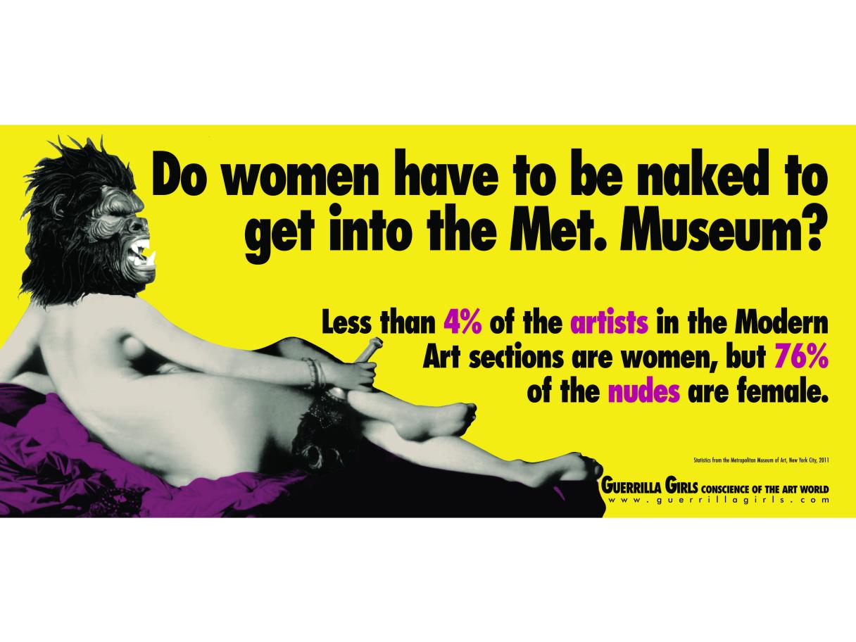 Do women have to be naked to get into the Met. Museum? A collage type image of a naked woman's body lounging on a purple drape with an aggressive monkey head over a yellow background.