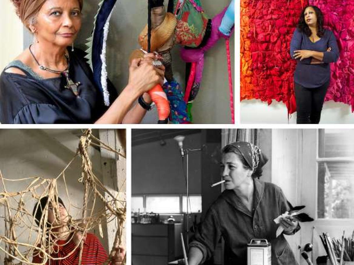 Female Artists are Finally Getting Their Turn A group of photos of women posing with or creating art.