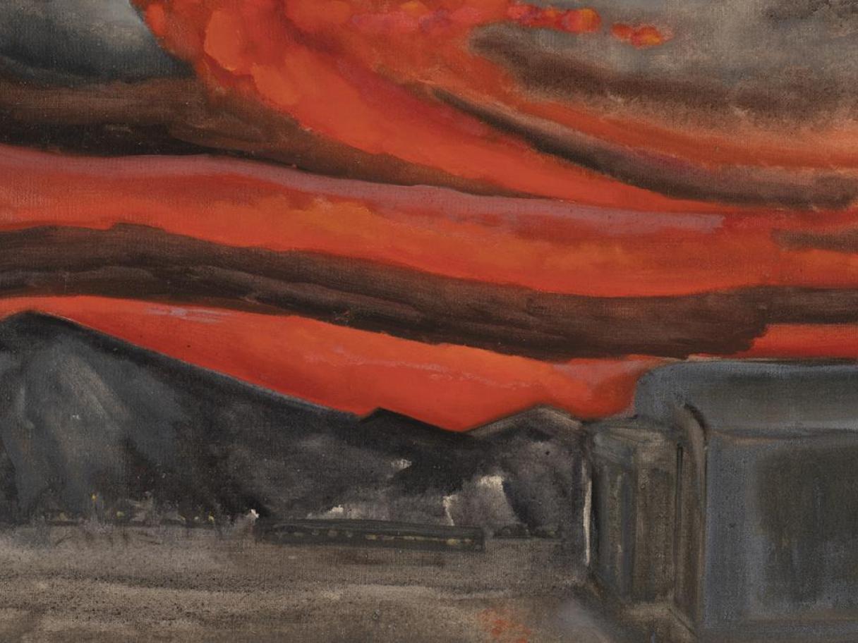 A landscape painting of a dark, red sky with grey clouds. There are grey shelters lining the right side.