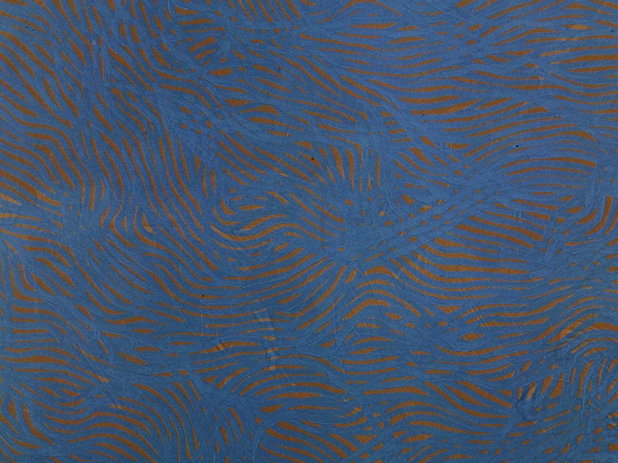 A detail of a textured painting of dark blue lines over a light orange and yellow background.