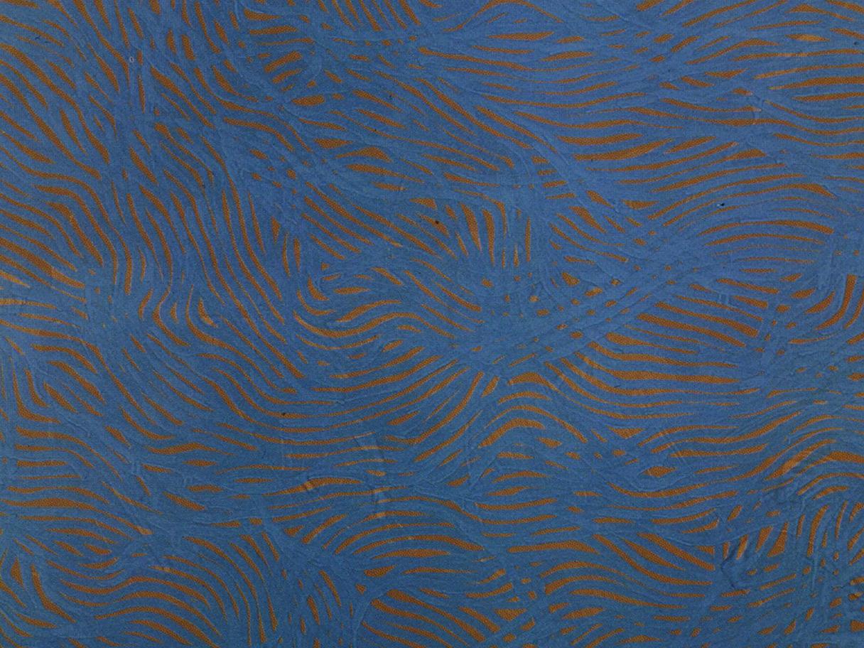 Learn More A detail of a textured painting of dark blue lines over a light orange and yellow background.