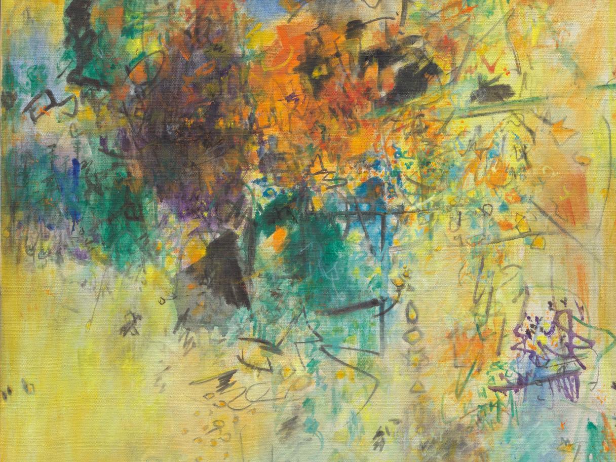 A colorful, abstract painting of splotches of blue, purple, orange and yellow. There are dark scribbles all over the canvas as well.