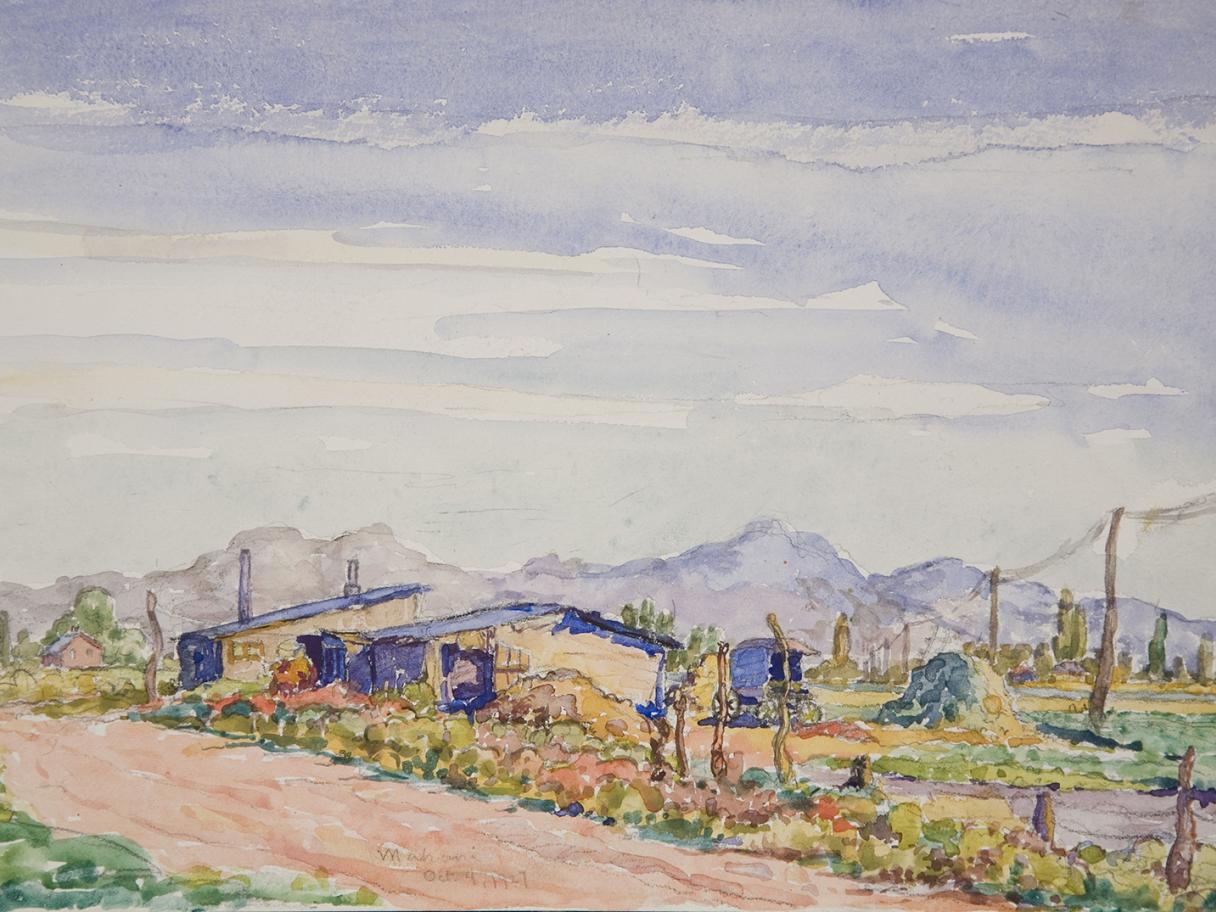 A watercolor landscape with a dirt road, buildings, and power lines.