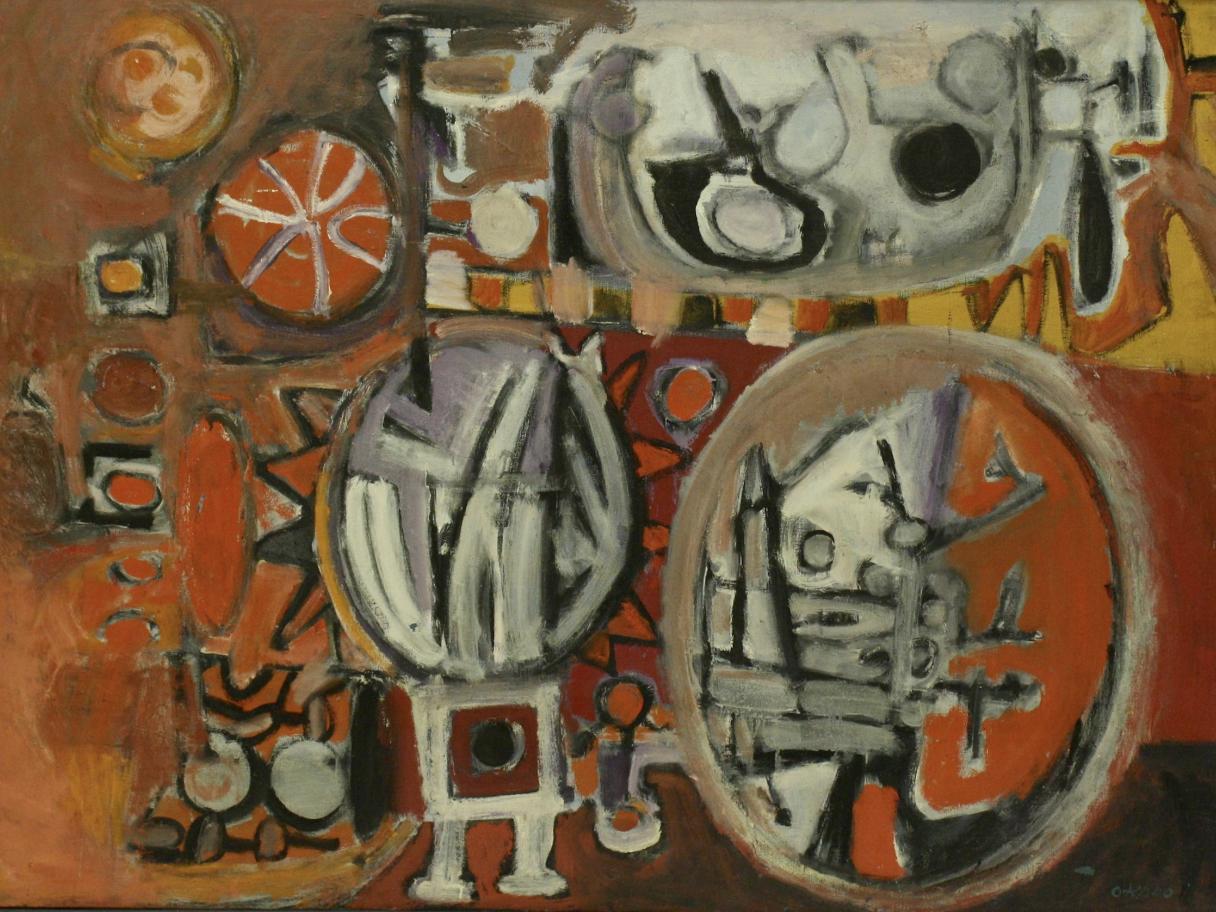 A sketched oil painting of warm-colored shapes and symbols. 