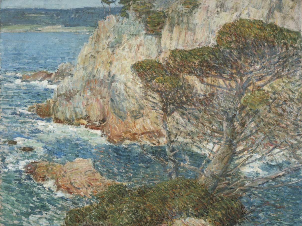 An impressionist painting of a cliffside. There's a blue ocean and brown cliffs in the background. There is a green tree in the foreground.