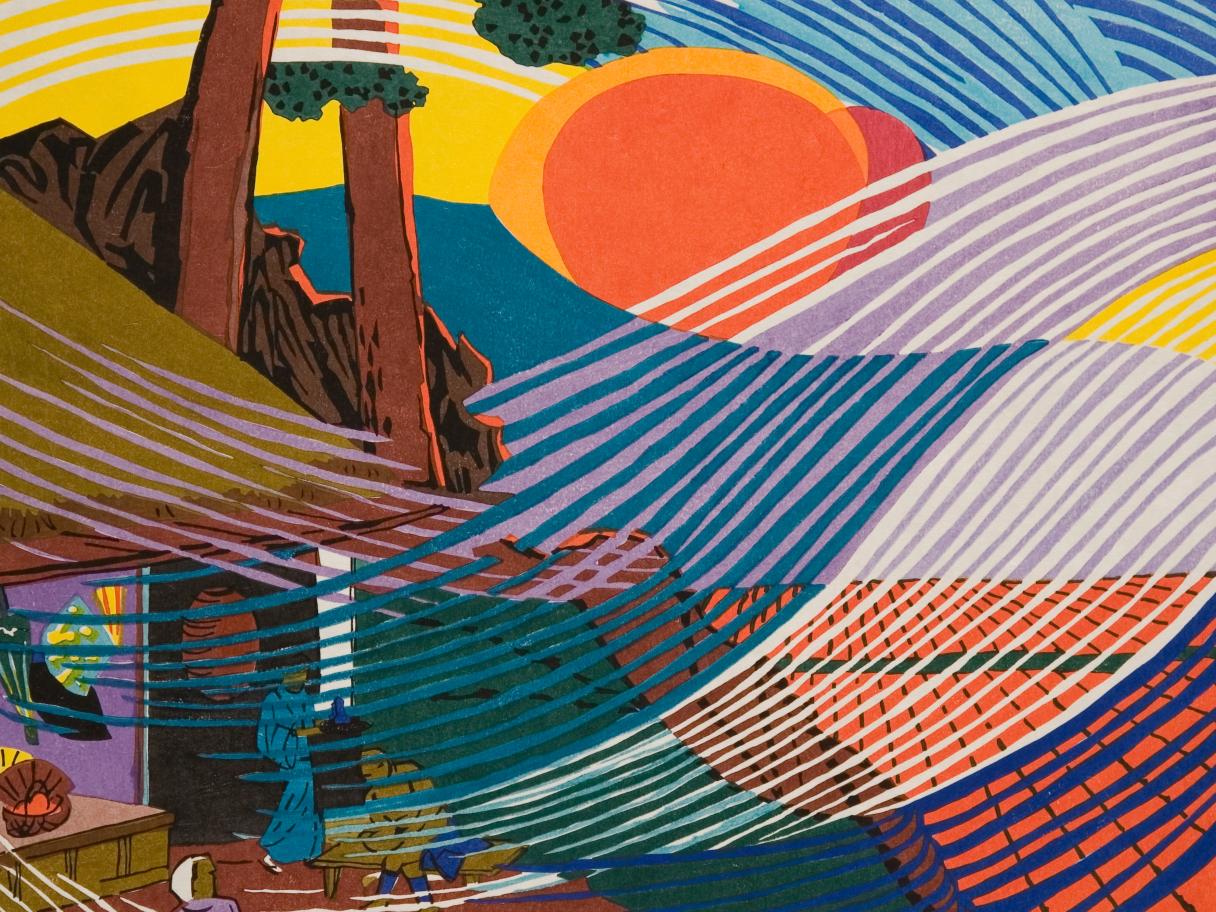 A wood cut print depicting wind through colorful lines over the top of trees, buildings, and a bright orange sun.