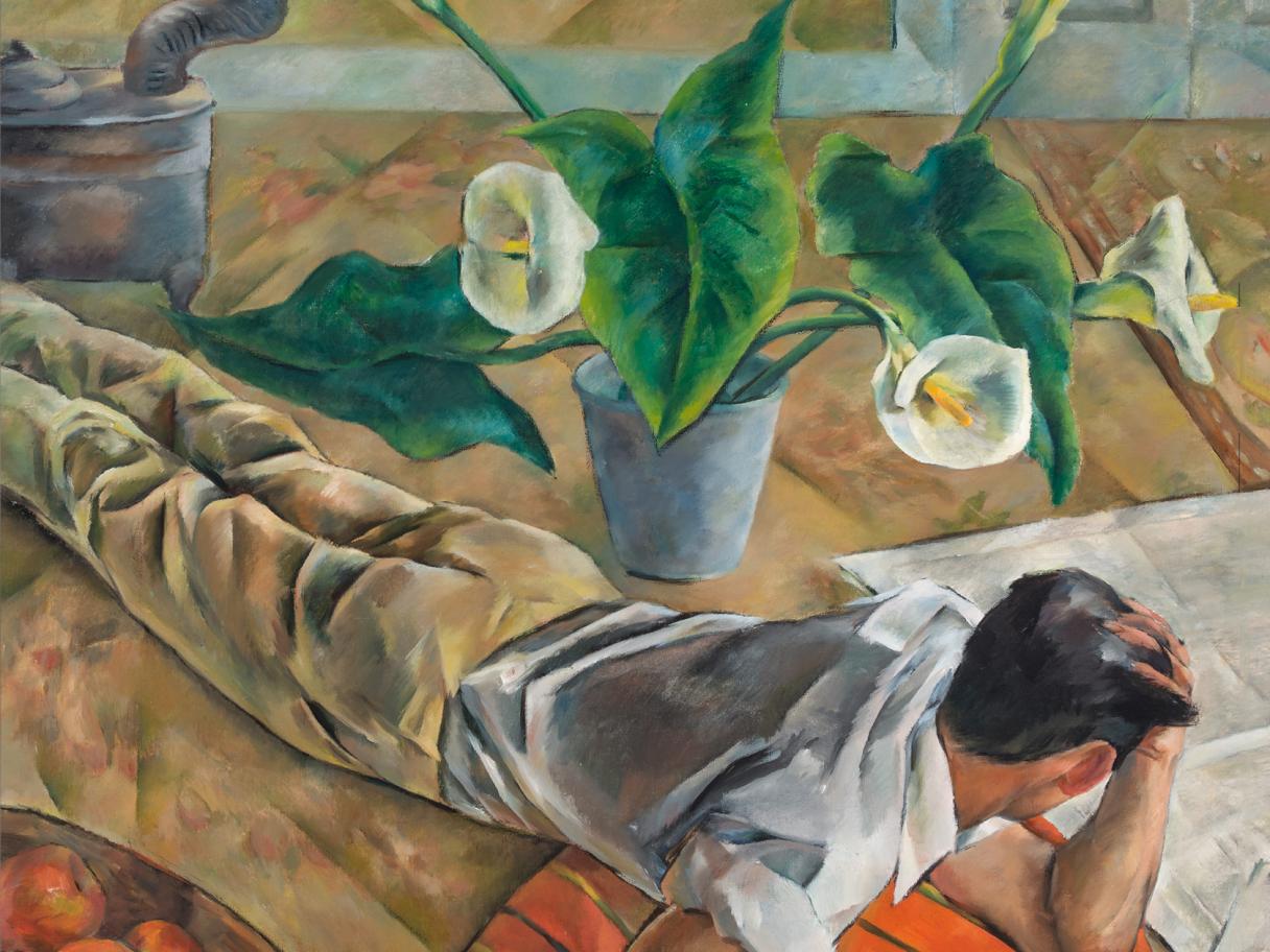 Pictures of Belonging A boy in a white shirt with dark hair lays on his stomach on the ground with his head in his hand. There is a lily behind him and a bowl of fruit on his side.