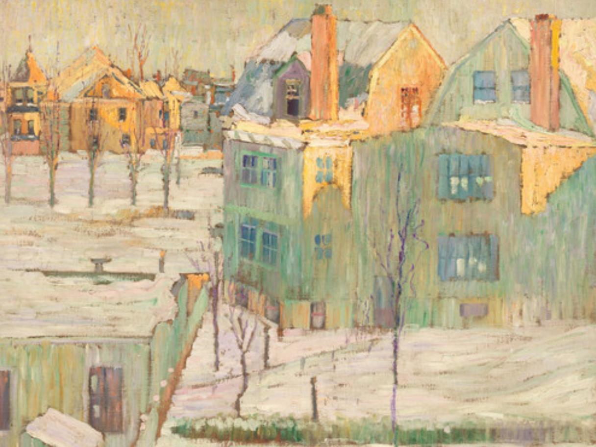 An Impressionist painting of houses covered with snow.