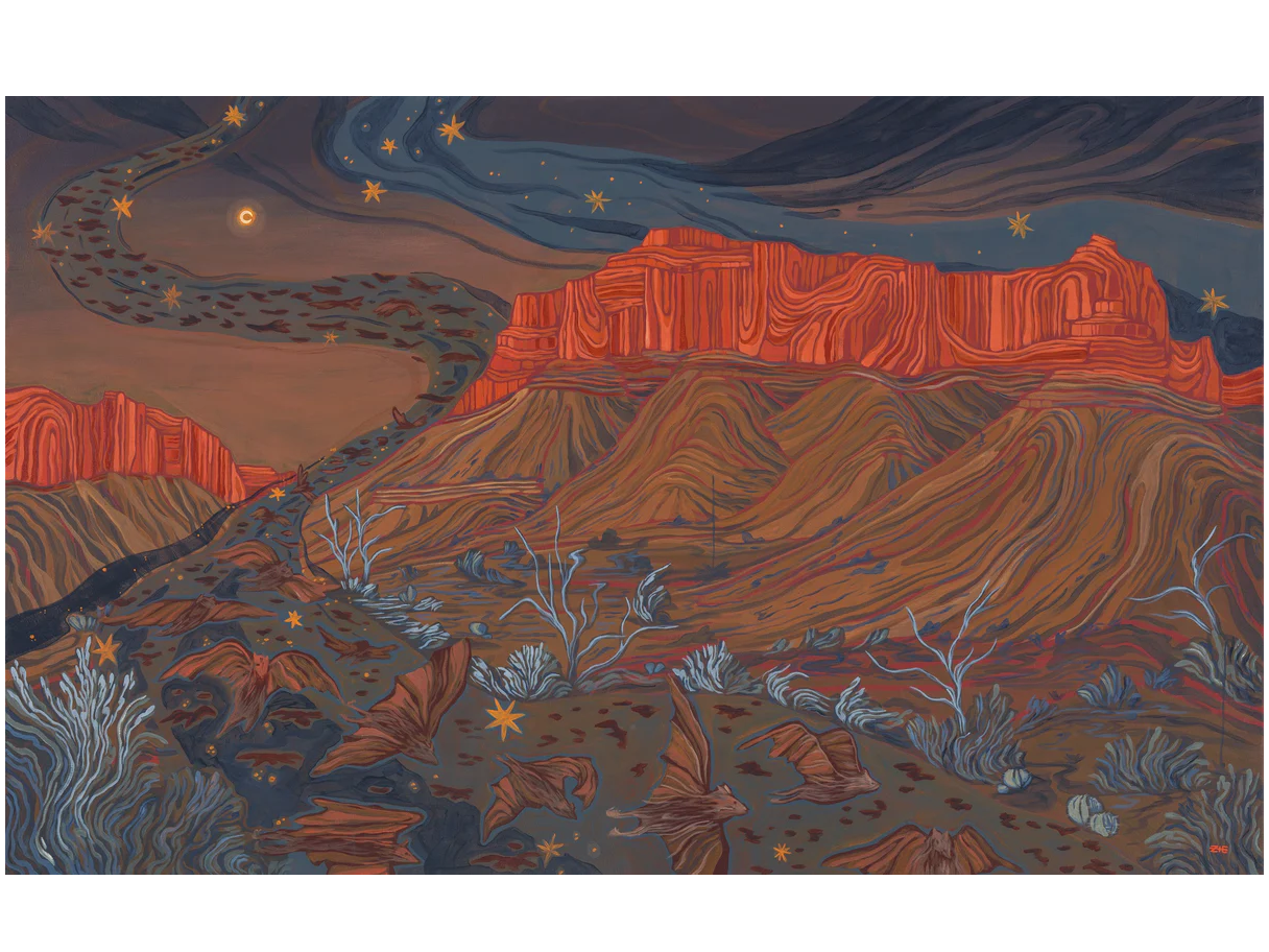 A landscape painting of red rocks in the desert at night.