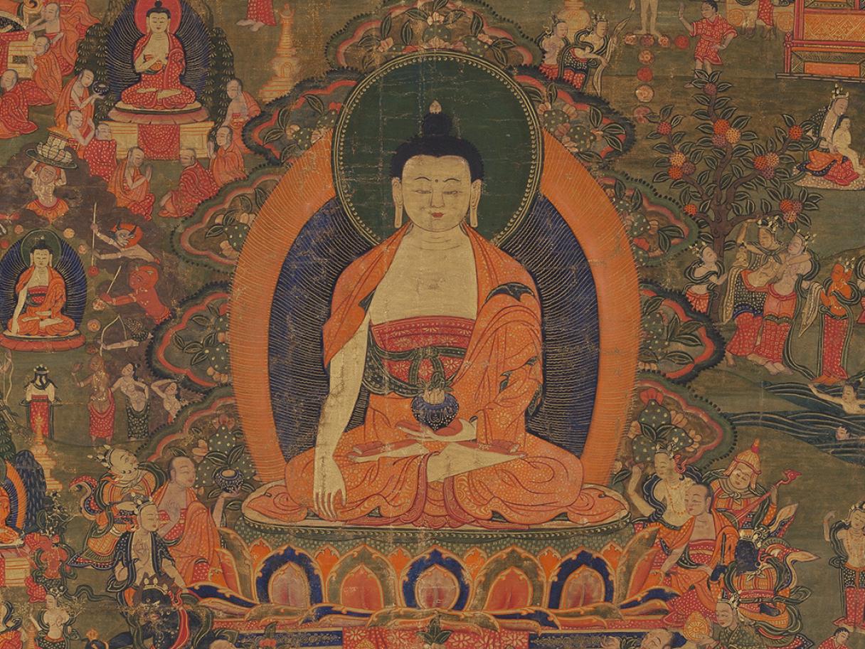 A colorful image depicting the life of Buddha