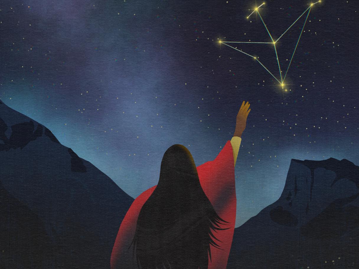 An illustration of a figure with long black hair reaching up to a constellation in the night sky.