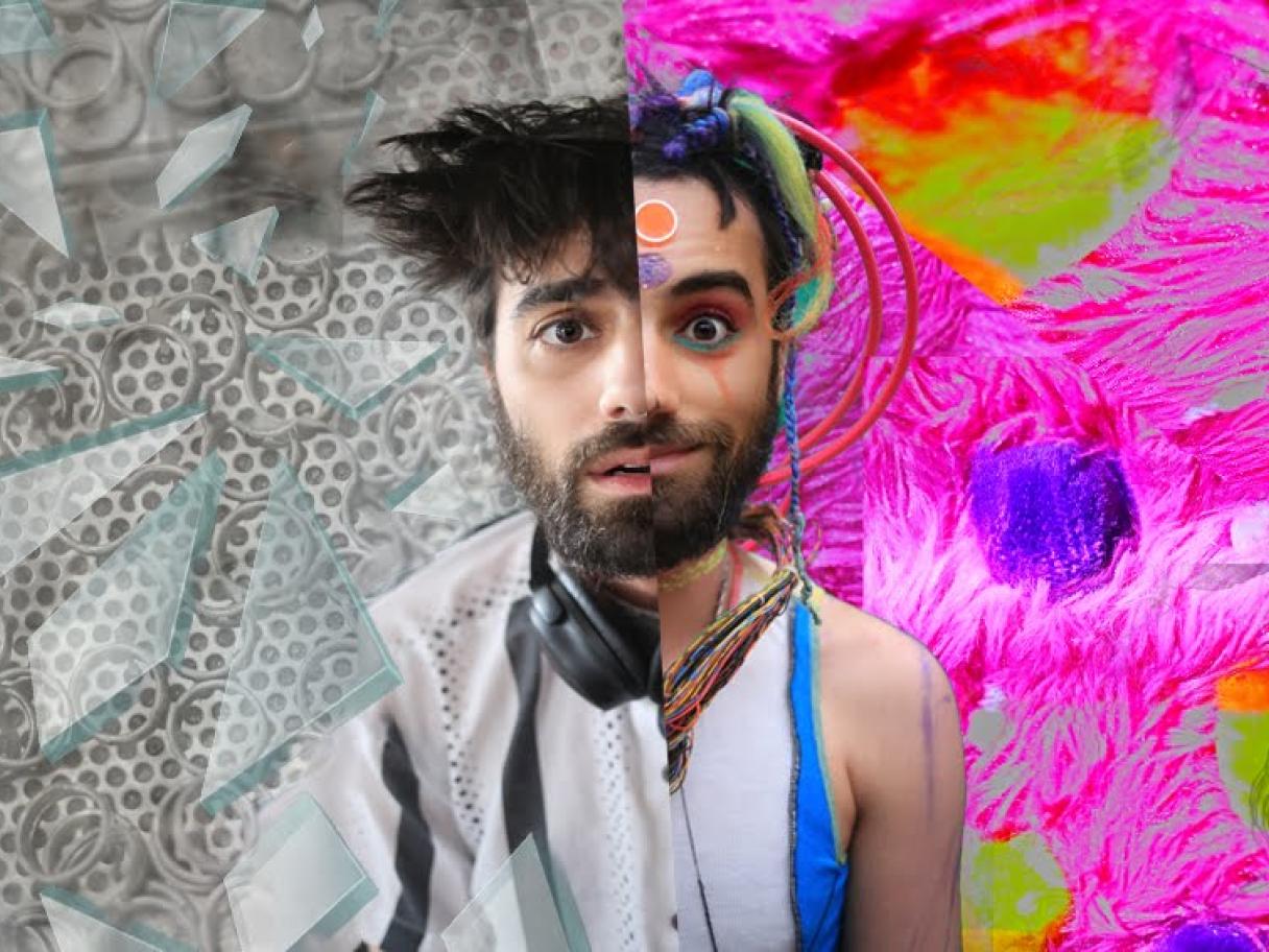 A person in front of a split background half is grey and comprised of geometric shapes the other half is comprised of bright colors and irregular textures. The man is similarly split in two halfs.