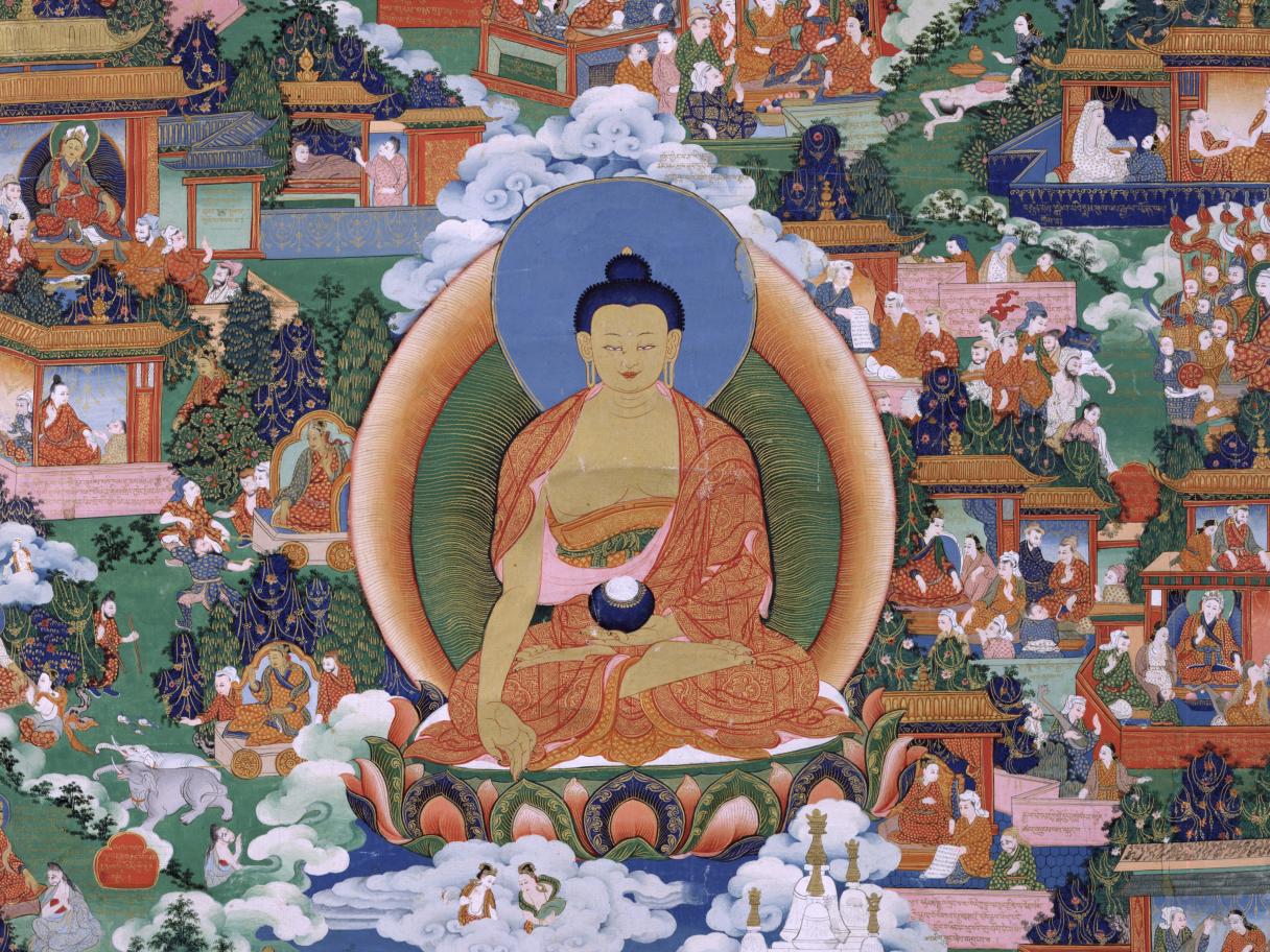 A colorful image of a buddha surrounded by smaller figures in different action scenes.