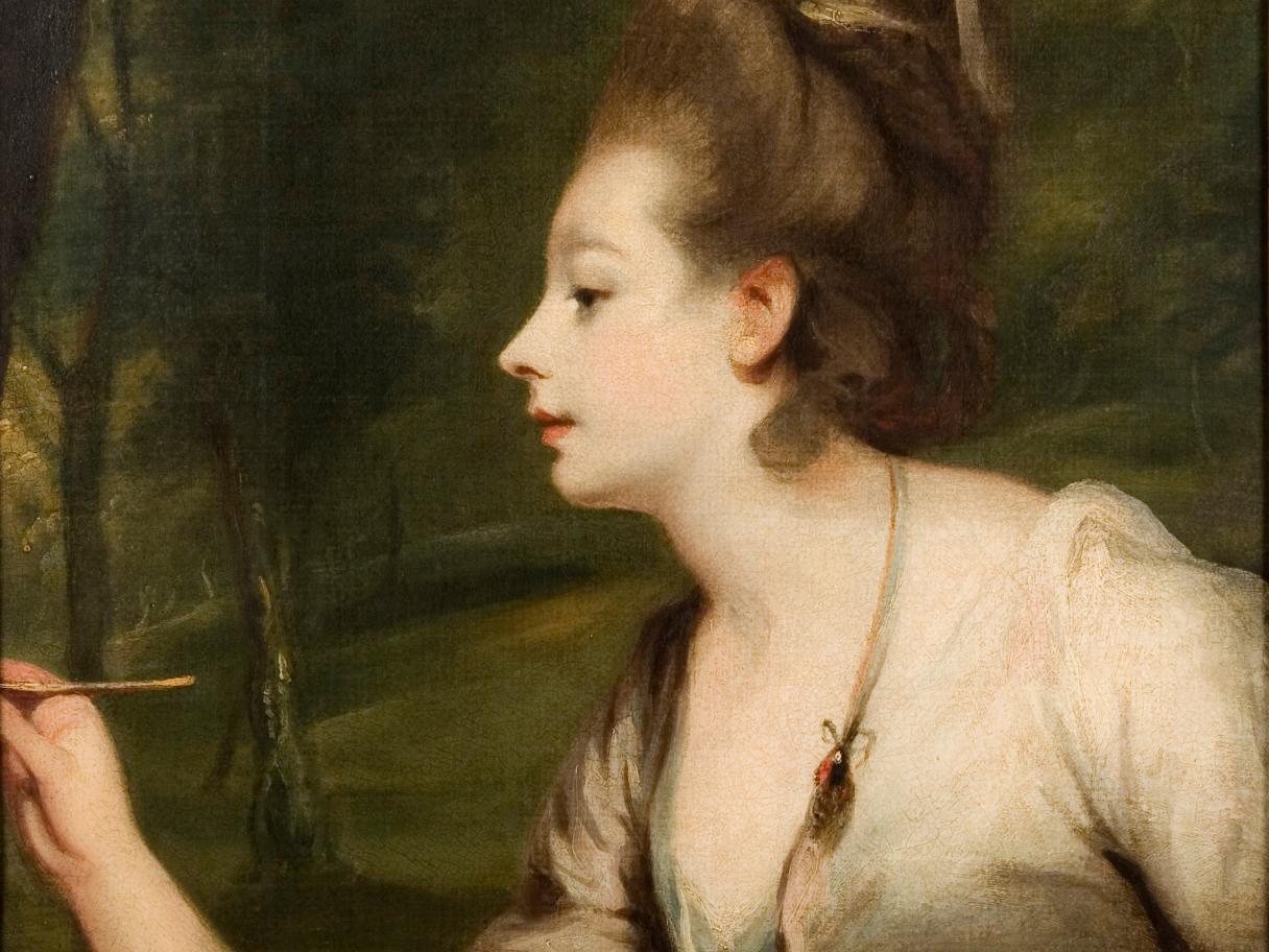 A painting of a woman with an arm outstretched with a sharp implement.