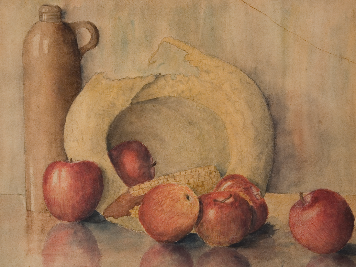 A watercolor still life with apples, corn and a jug.