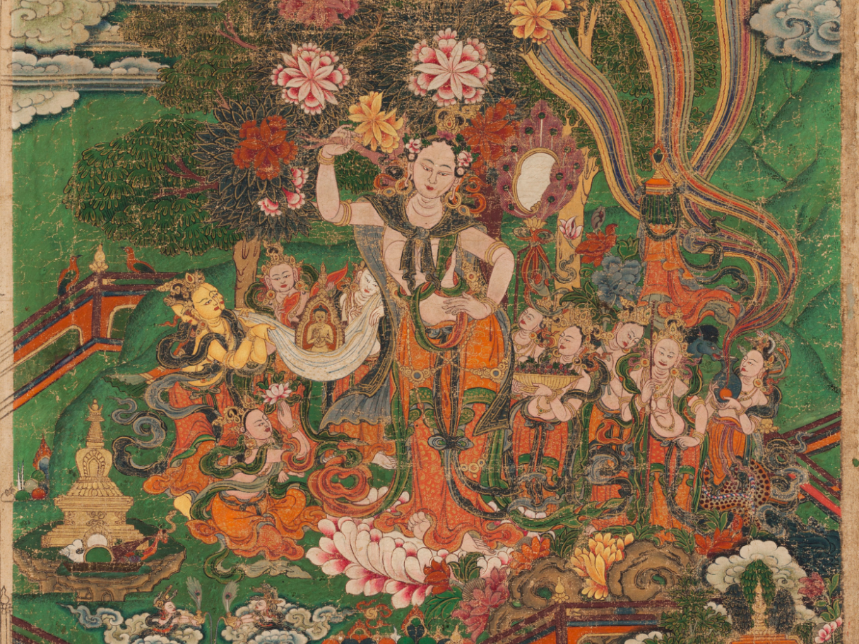 A colorful painting of the birth of the Buddha.