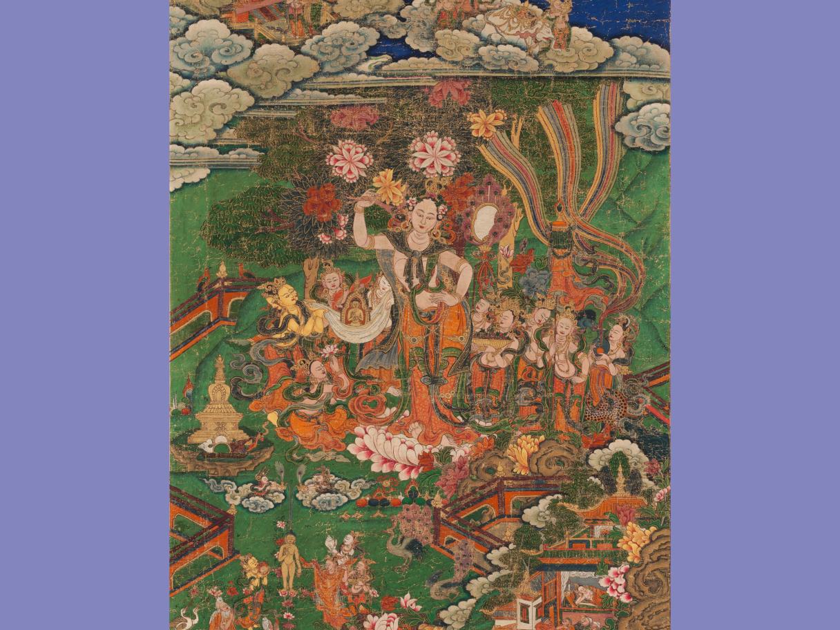 A colorful painting of the birth of the Buddha with purple bands on both sides.